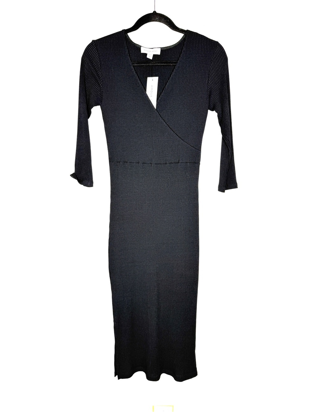 NWT Amour Vert Ribbed Modal Midi Dress Faux Wrap Stretchy In Black Size XS